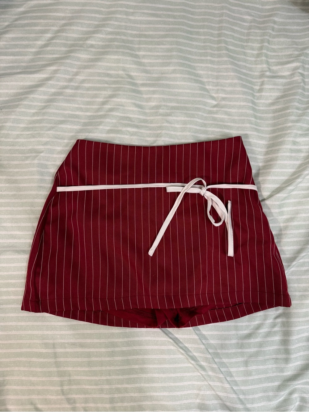 Striped Burgundy Mini Skirt with White Tie